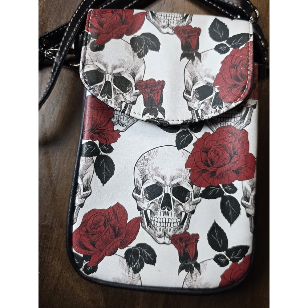 Skull Red Rose Crossbody Cell Phone Purse Wallet Gothic Tattoo Style Bag